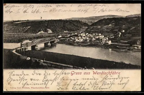 AK Wendischfähre, Ortsansicht mit Brücke über die Elbe