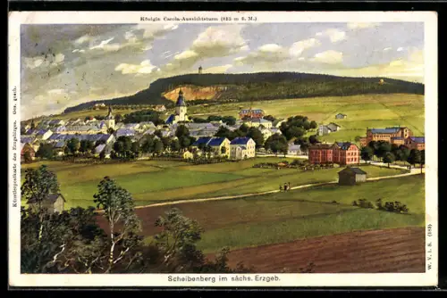 Künstler-AK Scheibenberg im sächs. Erzgeb., Ortsansicht, Kirche, Königl.-Carola-Aussichtsturm