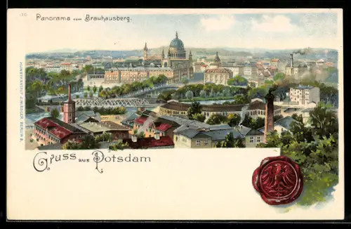 Lithographie Potsdam, Panorama vom Brauhausberg, Siegel