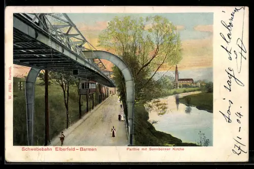AK Elberfeld-Barmen, Strassenpartie mit Sonnborner Kirche und Schwebebahn