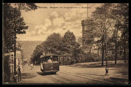 AK Barmen, Bergbahn mit Kriegerdenkmal und Stadthalle