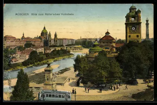 AK München, Blick zum Müller`schen Volksbade, Praterinsel, Strassenbahn