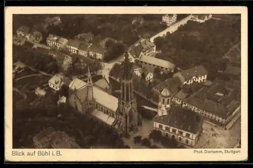 AK Bühl i. B., Ortspartie mit Kirche vom Zeppelin aus gesehen, Luftschiffpostkarte