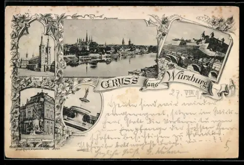 AK Würzburg, Dom, Festung, Mainansicht, Brunnen, Ornament-Rahmen