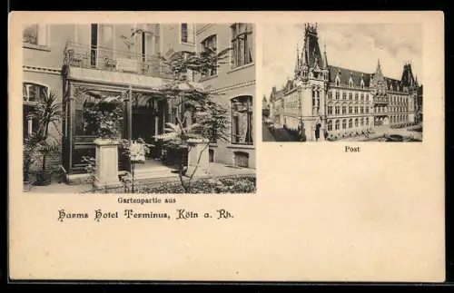 AK Köln a. Rh., Harms Hotel Terminus, Gartenpartie, Post