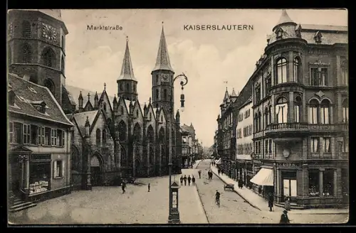 AK Kaiserslautern, Marktstrasse mit Kirche und Geschäftshäusern