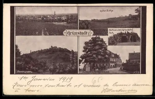 AK Grünstadt, Parkanlage, Dorflinde in Kirchheim, In der Röthe, Neuleiningen und Gesamtansicht mit Kirche