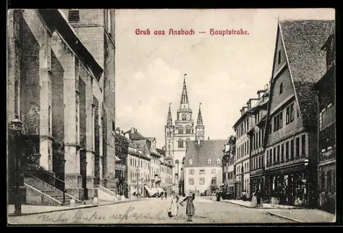 AK Ansbach, Hauptstrasse mit Kirche