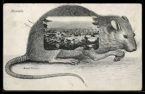 Grusskarten-AK Hameln, Ortsansicht mit Rattenmotiv