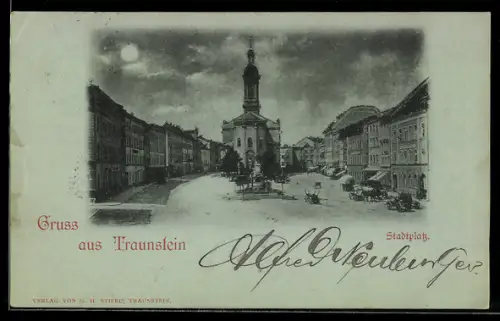 Mondschein-AK Traunstein, Stadtplatz