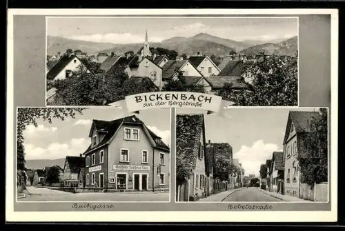 AK Bickenbach an der Bergstrasse, Bachgasse, Bebelstrasse, Ortsansicht