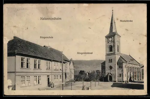 AK Kaltennordheim, Bürgerschule, Kriegerdenkmal, Nicolaikirche