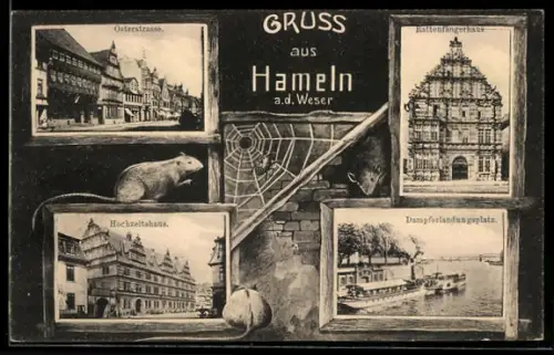Grusskarten-AK Hameln a.d. Weser, Osterstrasse, Rattenfängerhaus, Hochzeitshaus, Dampferlandungsplatz