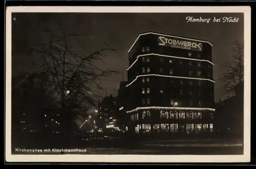 AK Hamburg-St.Georg, Kirchenallee mit Klockmannhaus bei Nacht, Stollwerck Schokolade
