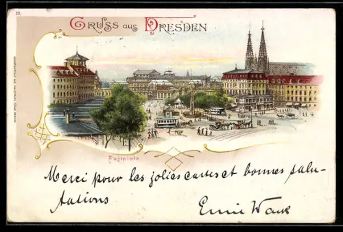 Lithographie Dresden, Postplatz, Strassenbahn, Kirche