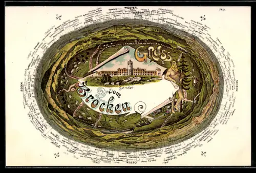 Lithographie Brocken, Brockenhotel, Panoramablick