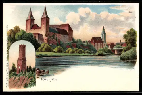 Lithographie Rochlitz, Schloss, Kirche, Aussichtsturm