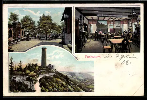 AK Jena, Gasthaus Fuchsturm, Aussichtsterrasse, Saal, Turmansicht