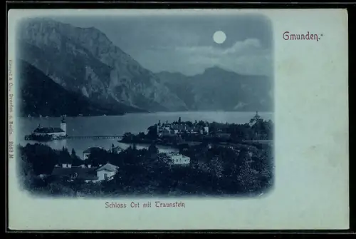 Mondschein-AK Gmunden, Schloss Ort mit Traunstein