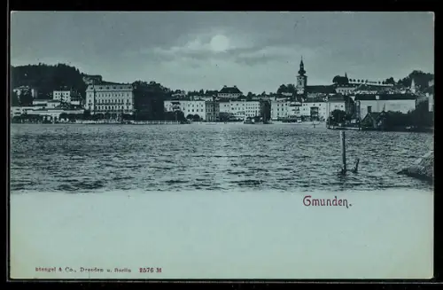 Mondschein-AK Gmunden, Teilansicht mit Kirche