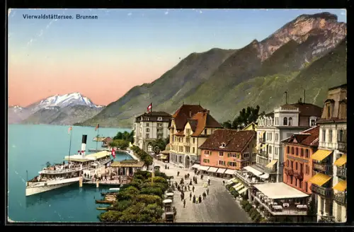 AK Brunnen /Vierwaldstättersee, Strassenpartie mit Hotel und Dampfer