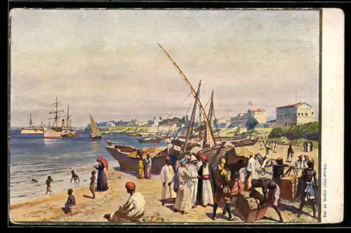 Künstler-AK Dar es Salam, Szene am Strand, ein Schiff wird entladen
