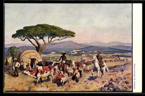 AK Windhoek, Soldat der Schutztruppe zu Pferde, Afrikaner mit einer Rinder- u. Schafherde