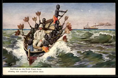 Künstler-AK Accra, surf boat on the Gold Coast showing how traveller gets ashore there