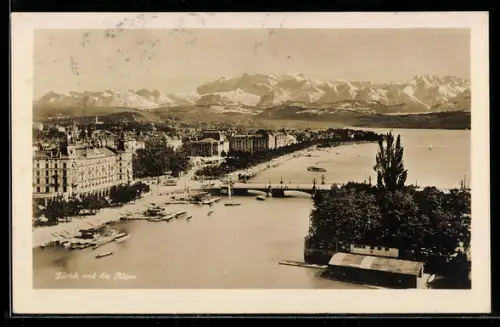 AK Zürich, Ortsansicht mit den Alpen