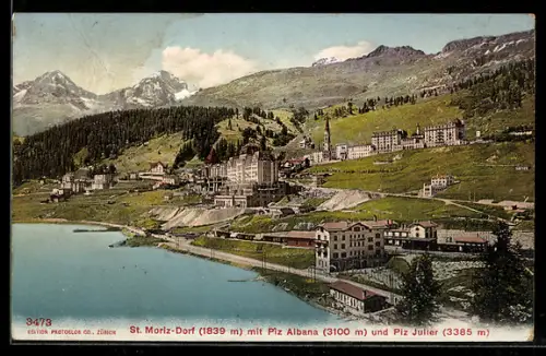 AK St. Moriz-Dorf, Uferpartie mit Piz Albana und Piz Julier