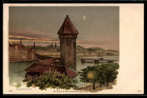 Lithographie Luzern, Turm an der Kapellbrücke