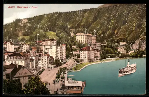 AK Brunnen, Blick auf Quai mit Dampfer