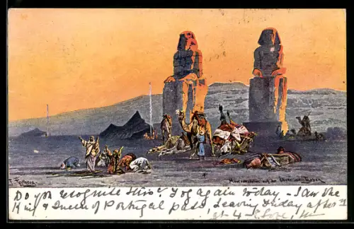 Künstler-AK Friedrich Perlberg: Thebes, Kamelkarawane macht Rast vor Säulen