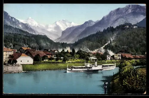 AK Interlaken, Schiffkanal, Mönch & Jungfrau, Dampfer