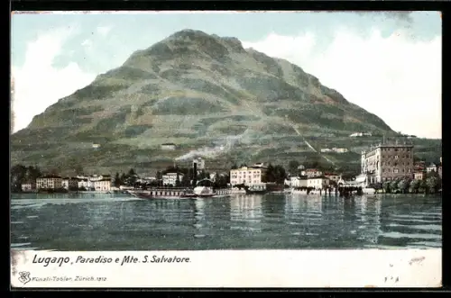 AK Lugano-Paradiso, Dampfer vor dem Ort mit Mte. S. Salvatore