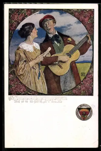 Künstler-AK Karl Friedrich Gsur: Deutscher Schulverein NR 459: Mann mit Gitarre singt einer Frau etwas vor
