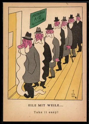 Künstler-AK Zeitgemässes, Eile mit Weile..., Männer mit Bart auf dem Amt, Karikatur
