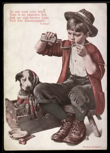 Künstler-AK Knabe kümmert sich um kranken Hund