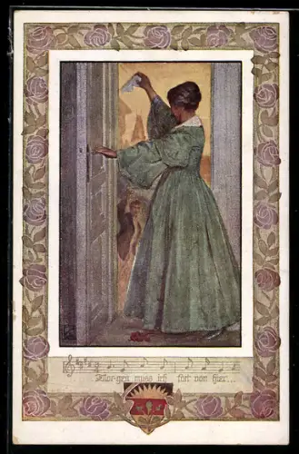 Künstler-AK Karl Friedrich Gsur, Deutscher Schulverein Nr. 1067: Dame im Kleid bei der Verabschiedung von ihrem Freund