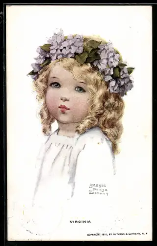 Künstler-AK sign. Betty Pease Guttman: Die kleine Virginia mit Blumenkranz im Haar