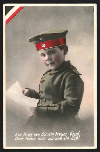 AK Kindlicher Soldat in Uniform mit Feldpost, Spruch