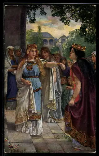 Künstler-AK H. Hoffmann: Nibelungen, Kriemhilde zeigt ihrer Schägerin einen Ring