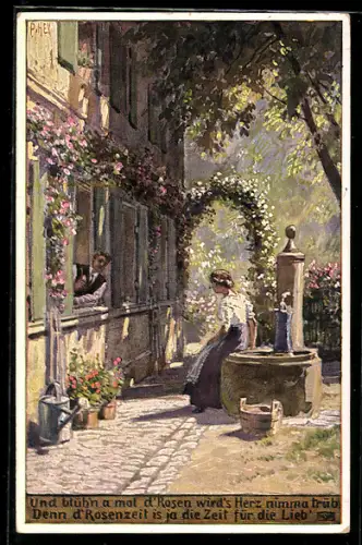 Künstler-AK P. Hey, Volksliederkarte Nr.: 48 Und blühn a mal d`Rosen, Mädchen am Brunnen sitzend, Mann am Fenster