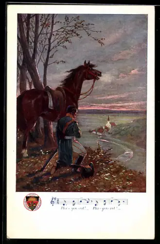 AK Deutscher Schulverein NR 151: Soldat mit Pferd, Lied Morgenrot! Morgenrot!