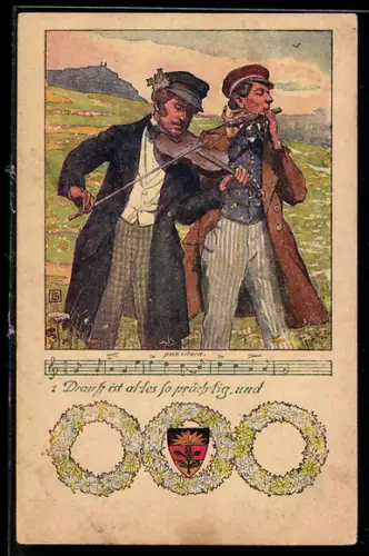Künstler-AK Karl Friedrich Gsur, Deutscher Schulverein NR. 107: Männer spielen Geige und Querflöte auf einer Wiese