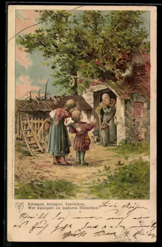 AK Hänsel und Gretel werden von der Hexe empfangen