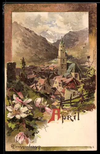Künstler-AK Theodor Guggenberger: April, Ortsansicht mit Kirche
