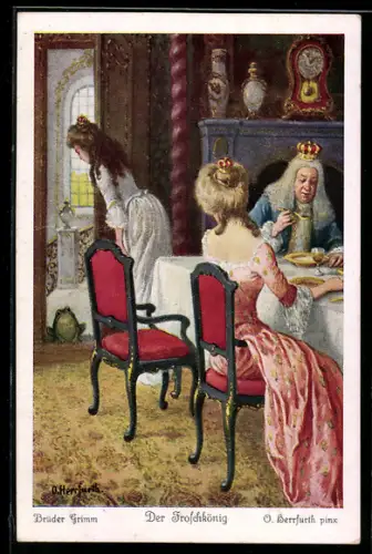 Künstler-AK Oskar Herrfurth: Der Froschkönig, Prinzessin lässt Frosch zur Tür herein