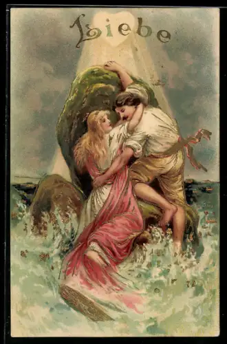 AK Liebe, Paar auf einem Felsen im Wasser, Allegorie