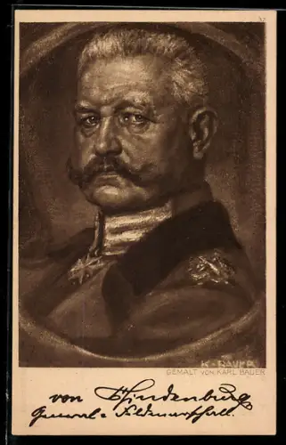 Künstler-AK Heerführer General Feldmarschall von Hindenburg in Uniform